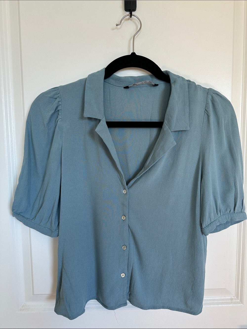Zara Dusty Blue Button-Up Puff Sleeve Blouse